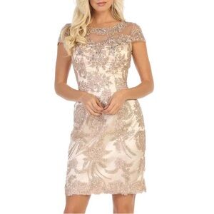 Sheer Gold Lace Dress Ornate Champagne Scalloped Illusion Formal Cocktail Mini